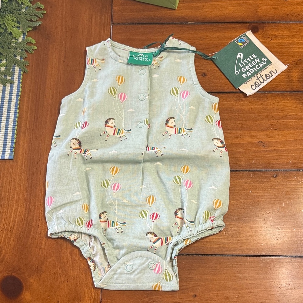 Little Green Radicals Mint Baby Romper with Balloon & Stripe Animal Print